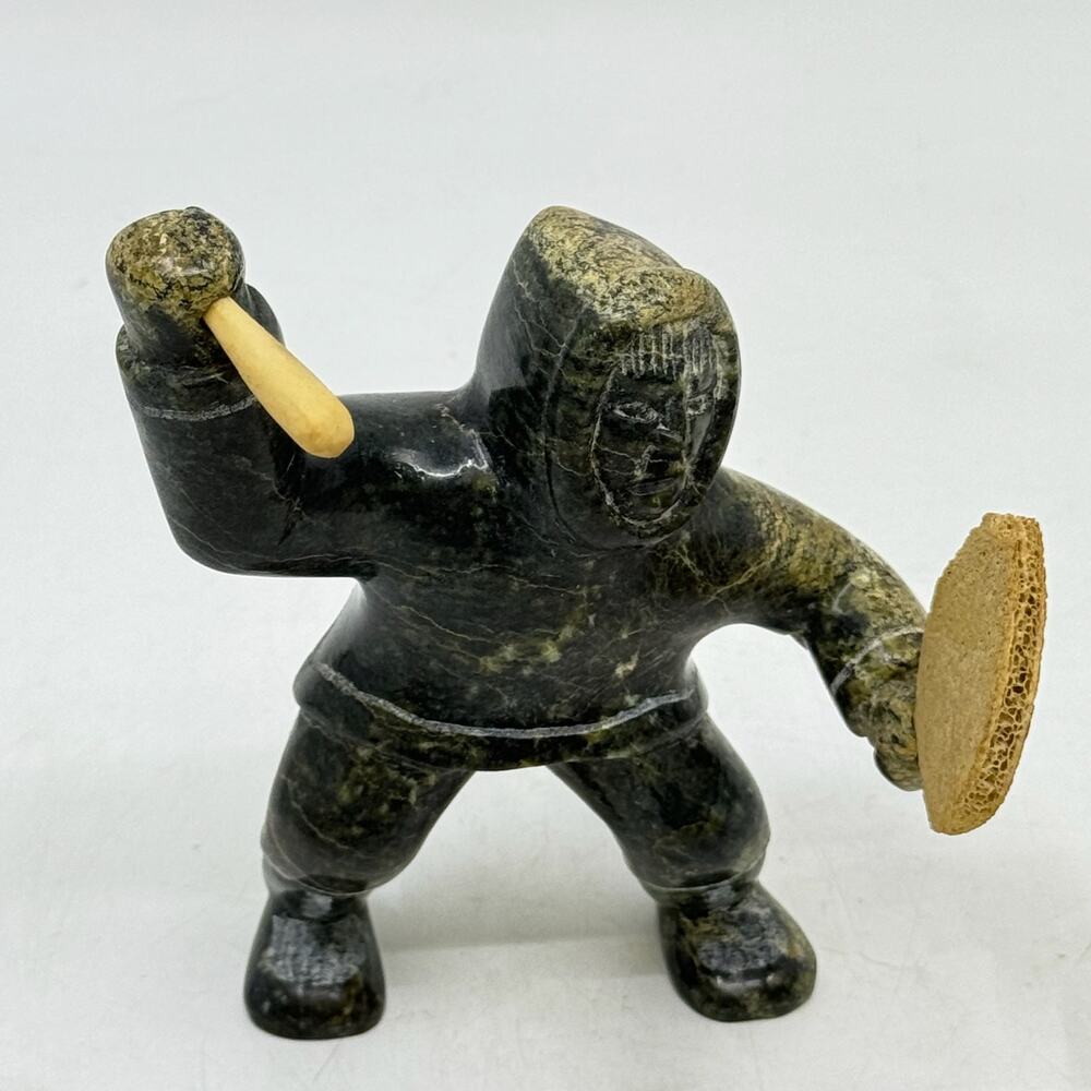 Inuit Hand Carved Serpentine Drummer Sculpture by ISAACIE ETIDLOIE